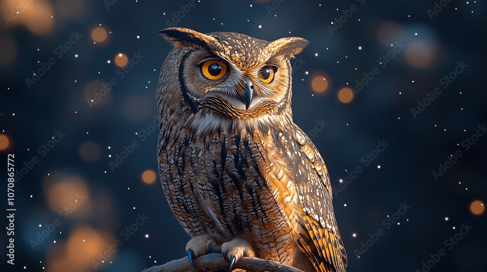 A close-up of a brown and white owl with bright yellow eyes, perched on a branch against a blurred background of twinkling lights. A close-up of a brown and white owl with bright yellow eyes, perched on a branch against a blurred background of twinkling lights.