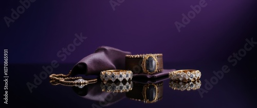 A still life photography of luxury jewelry and accessories on a reflective black surface captured in a professional studio.