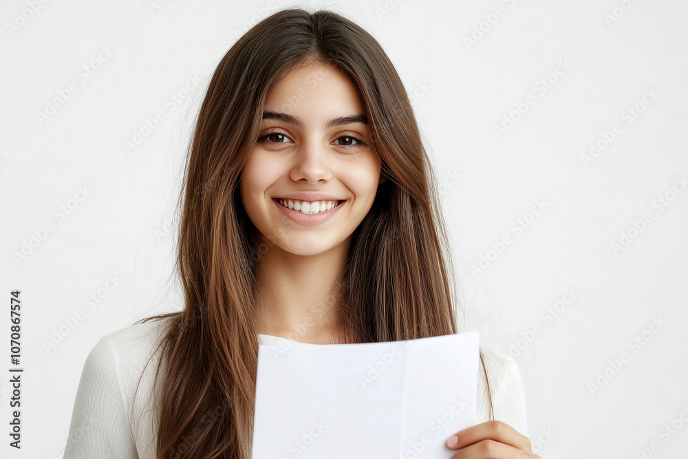 A young woman smiles confidently while holding a blank sheet of paper in a bright, minimalistic indoor setting. Generative AI A young woman smiles confidently while holding a blank sheet of paper in a bright, minimalistic indoor setting. Generative AI