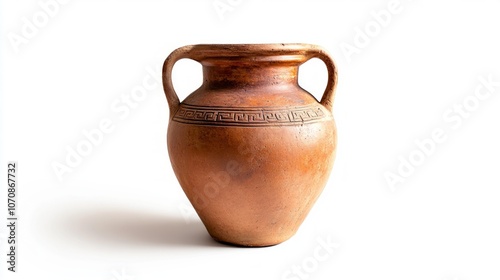 A beautifully crafted ancient pottery jar with two handles. This unique piece showcases its heritage and craftsmanship. Perfect for home decor or collectors. Generative AI