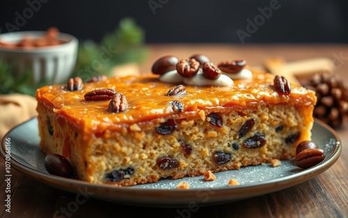 A slice of coffee cake with pecan and caramel topping sits on a blue plate, ready to be enjoyed