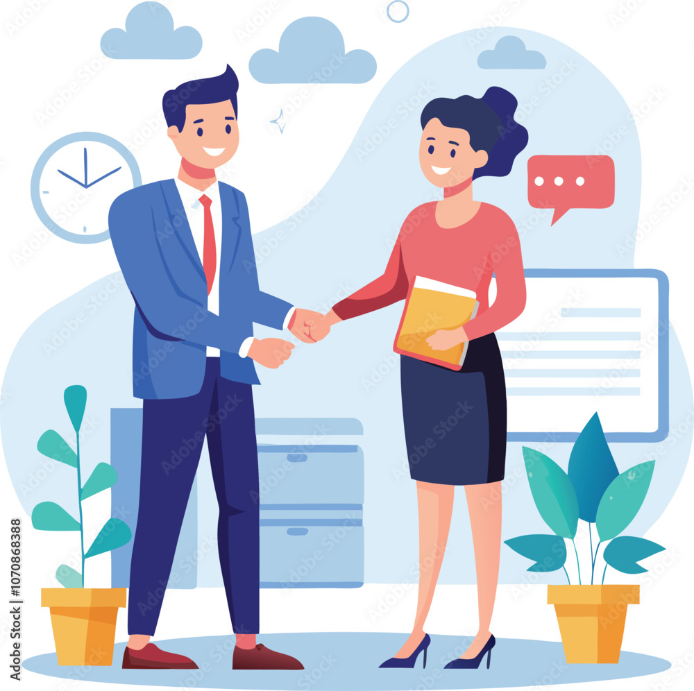 Fototapeta premium People shaking hands at work - Two businesspeople, man and woman doing handshake in office at work while smiling over business agreement and deal. Flat design stock illustration on white background