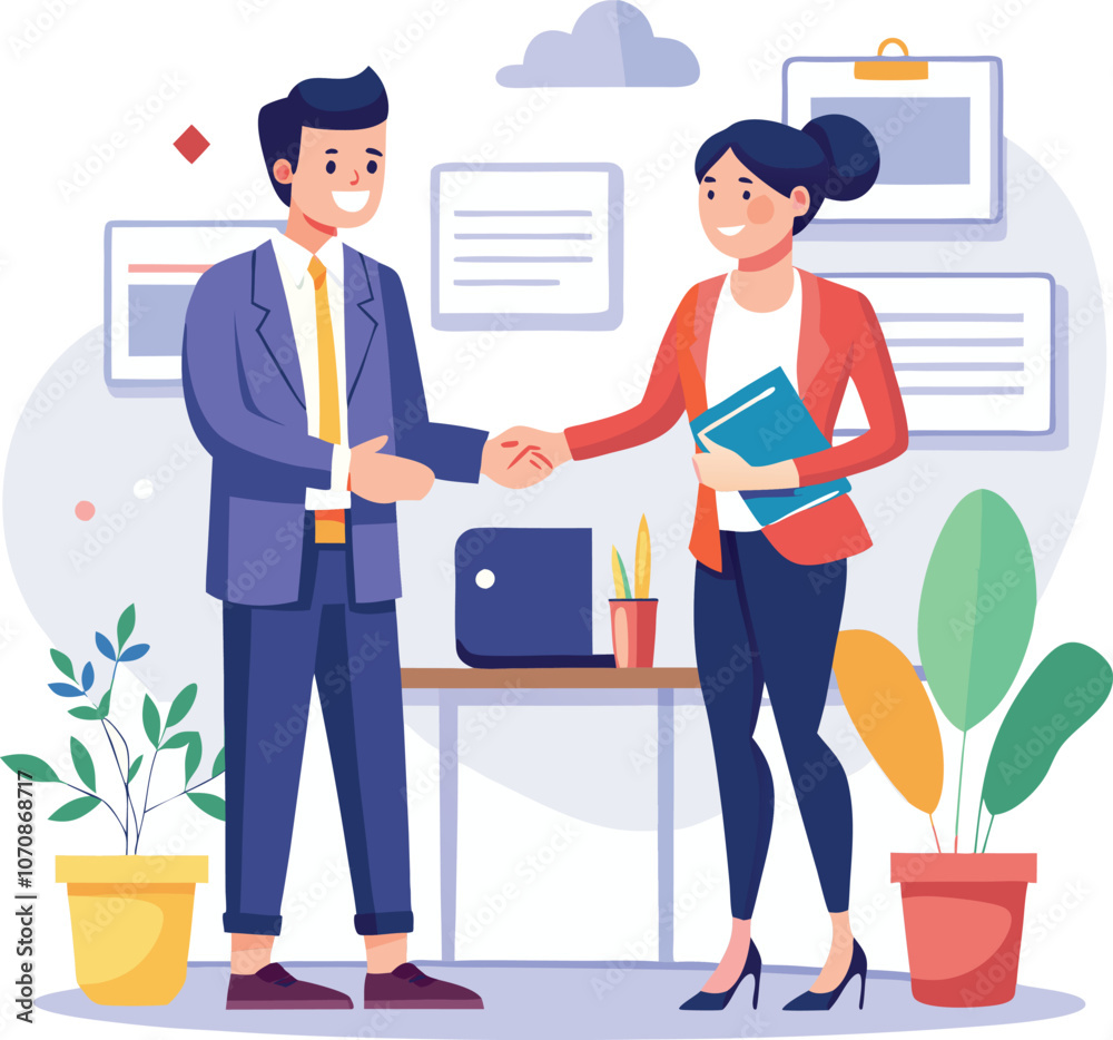 Fototapeta premium People shaking hands at work - Two businesspeople, man and woman doing handshake in office at work while smiling over business agreement and deal. Flat design stock illustration on white background