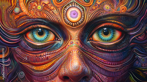 A vibrant artwork featuring intricate designs surrounding a pair of striking eyes