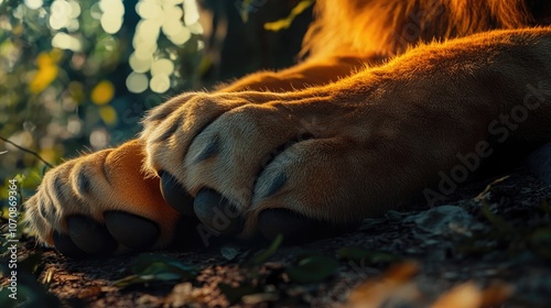 A close-up of a liona??s paws resting on the ground, showcasing their power photo