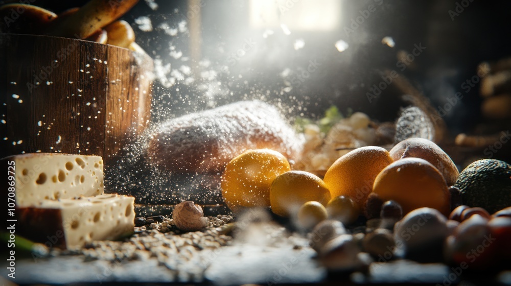Ultra-Realistic High-Resolution Image of Fresh Bread, Cheese, and Citrus Fruits in a Rustic Culinary Setting Ultra-Realistic High-Resolution Image of Fresh Bread, Cheese, and Citrus Fruits in a Rustic Culinary Setting