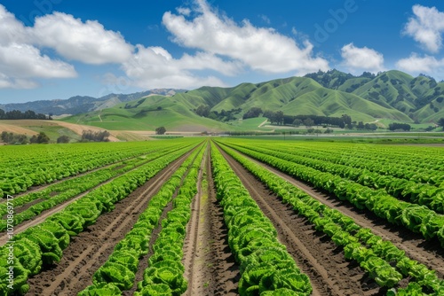 Cultivated field of lettuce growing in rows along the contour line skyscape. Neural network ai generated art