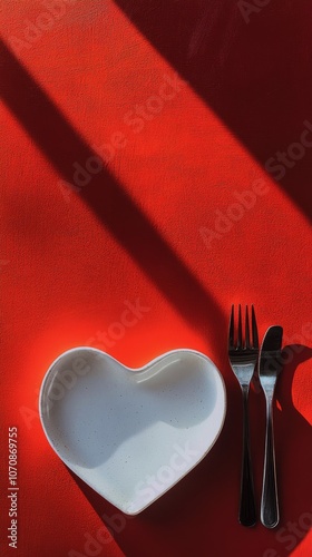 A heart shaped white plate with black cutlery set on a vibrant red background photo