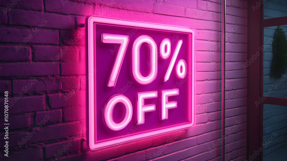 Pink Neon '70% OFF' Sign on a Brick Wall Pink Neon '70% OFF' Sign on a Brick Wall