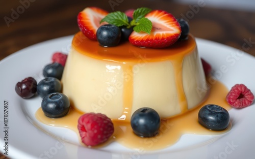 A creamy flan topped with fresh strawberries and blueberries sits on a white plate photo