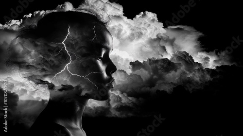 A silhouette of a girl with stormy clouds and lightning captured in dramatic black and white