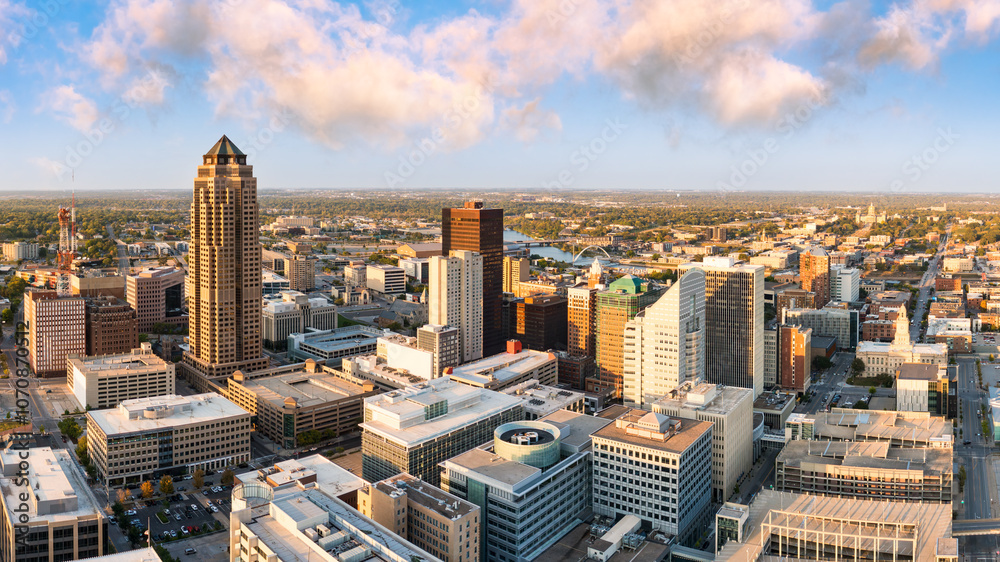 Aerial view of Des Moines, Iowa skyline. Des Moines is the capital and most populous city in the U.S. state of Iowa and it is the county seat of Polk County