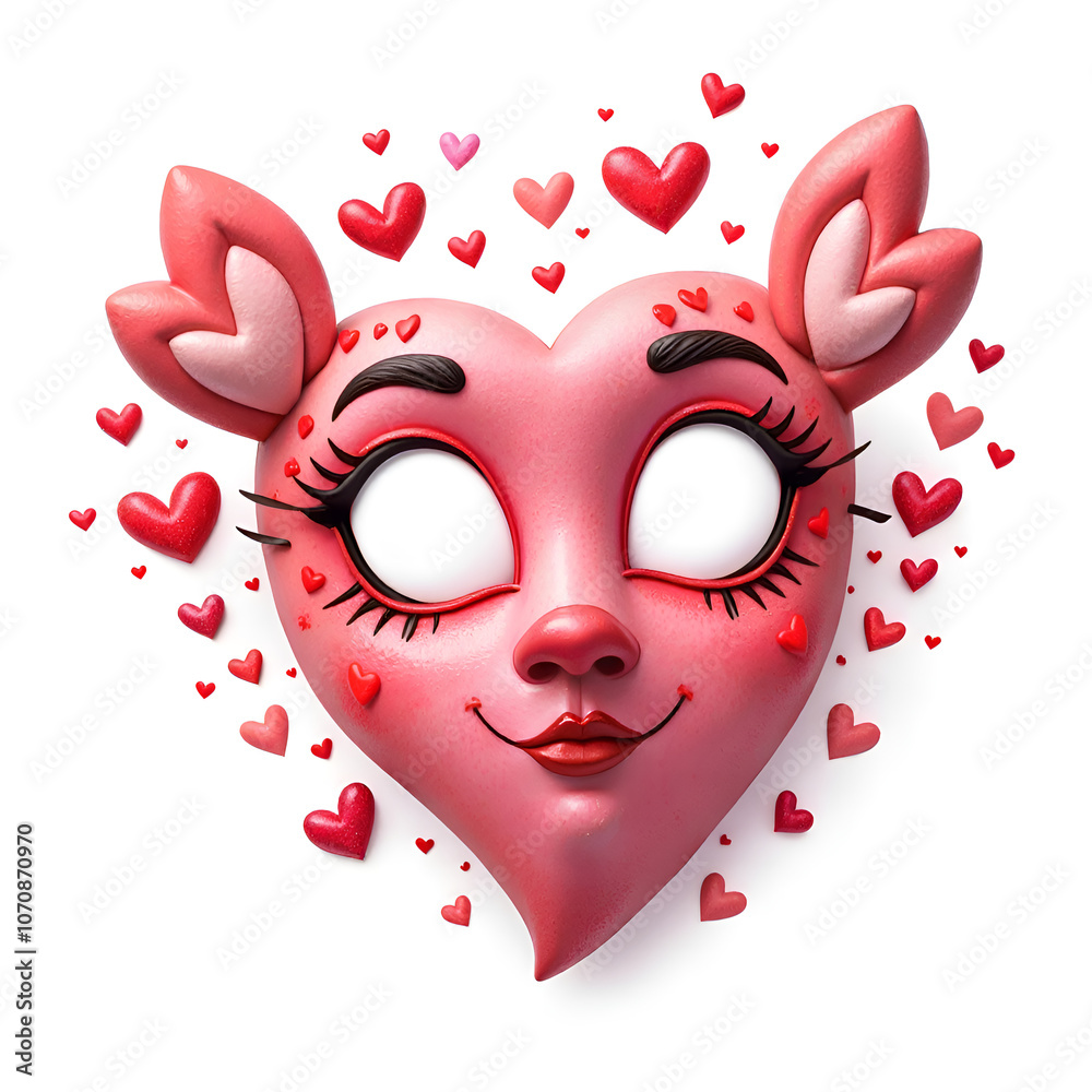 Celebrate love with a charming heart mask surrounded by sweet hearts in a playful design, 3d rendering of character design concept. Celebrate love with a charming heart mask surrounded by sweet hearts in a playful design, 3d rendering of character design concept.