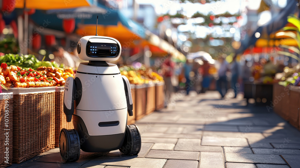 Obraz premium delivery robot stands in vibrant food festival, surrounded by colorful stalls filled with fresh produce and cheerful visitors enjoying atmosphere