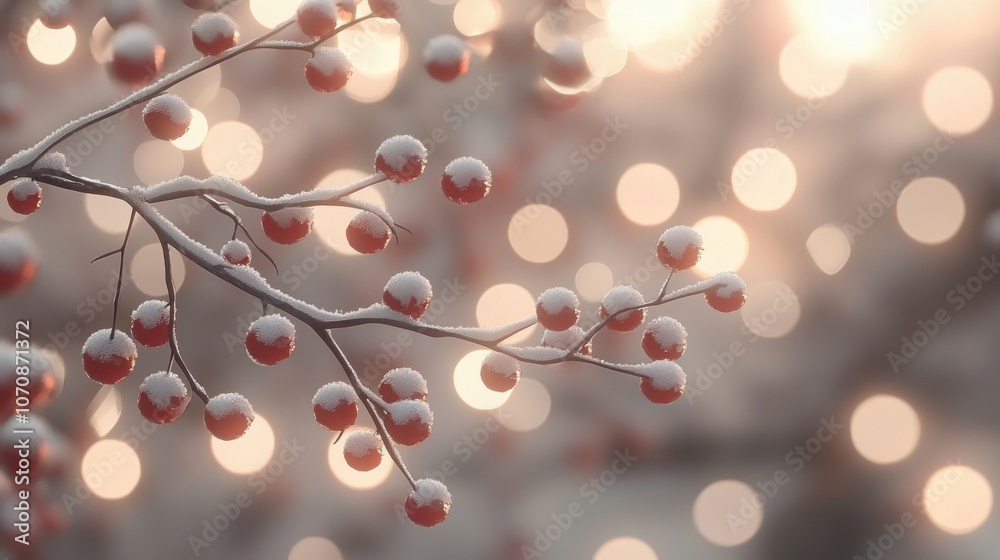 A branch covered in snow and red berries A branch covered in snow and red berries