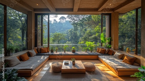 Modern living room with large windows offering a panoramic view of a lush green forest.