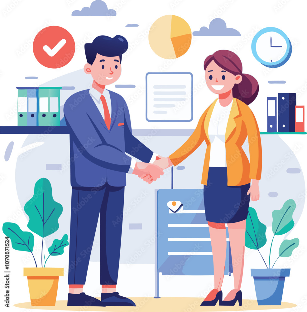 People shaking hands at work - Two businesspeople, man and woman doing handshake in office at work while smiling over business agreement and deal. Flat design stock illustration on white background People shaking hands at work - Two businesspeople, man and woman doing handshake in office at work while smiling over business agreement and deal. Flat design stock illustration on white background