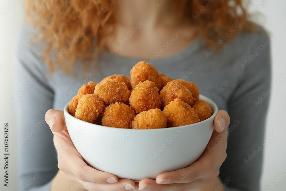A person with curly hair holds a bowl filled with golden, crispy snack balls in a bright kitchen setting. Generative AI A person with curly hair holds a bowl filled with golden, crispy snack balls in a bright kitchen setting. Generative AI