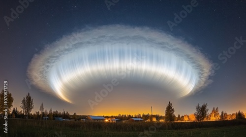 A lenticular cloud formation over a rural landscape at dusk, with stars visible in the night sky. photo