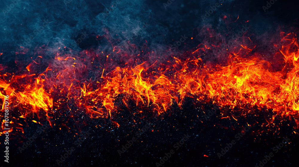 A dark, moody smoke background with subtle glowing embers and a light frost effect, creating an intense warm-meets-cold theme.