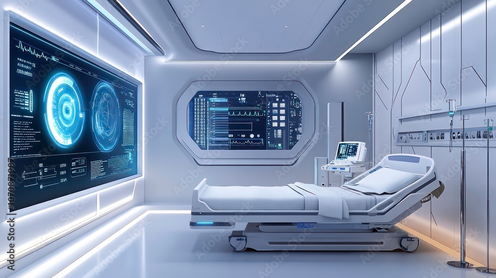 A futuristic hospital room with advanced medical technology and monitoring systems. A futuristic hospital room with advanced medical technology and monitoring systems.