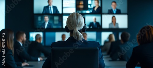 A group of business professionals in a video conference call with multiple screens in the background.