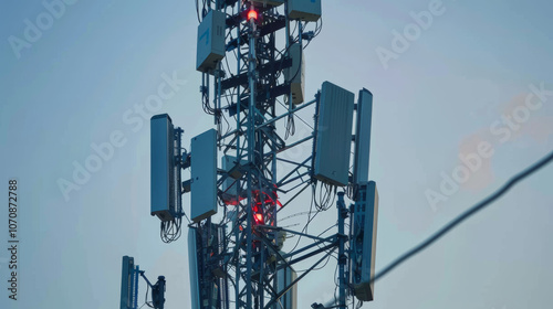 A tall tower with many antennas on top