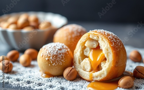 A close-up of a caramel-filled pastry with powdered sugar and pecan nuts photo