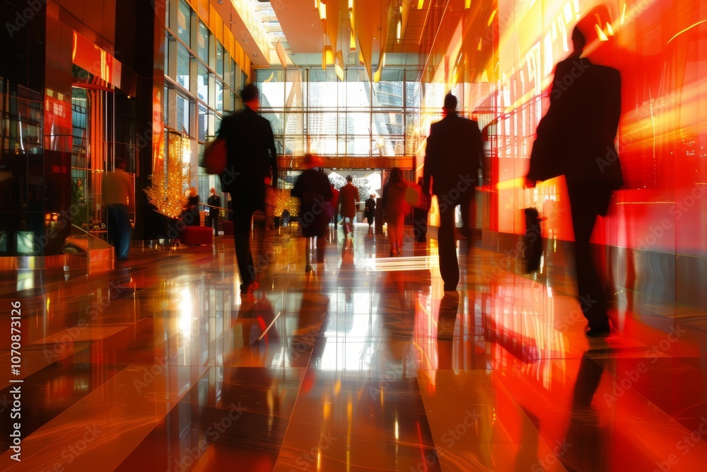 Create a dynamic long exposure image of business individuals moving quickly through a well-lit lobby Create a dynamic long exposure image of business individuals moving quickly through a well-lit lobby