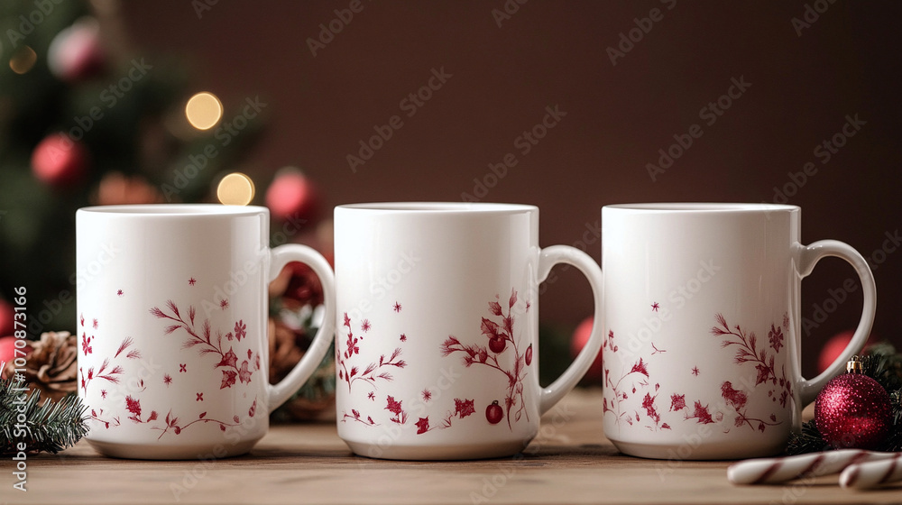 White mugs with red ornaments in a Christmas scene with an ornate Christmas tree in the background. White mugs with red ornaments in a Christmas scene with an ornate Christmas tree in the background.
