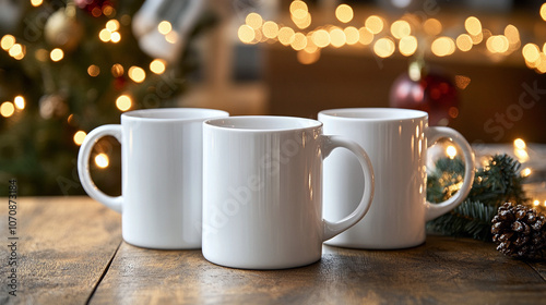 Christmas decoration on wooden table with three white cups.