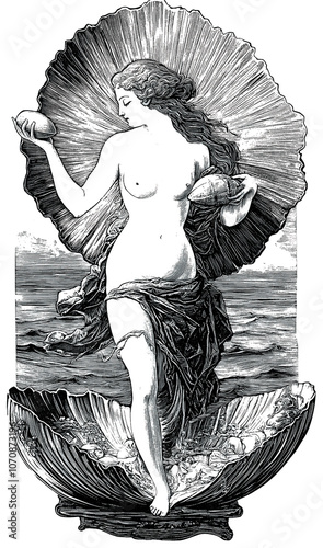 Goddess Venus Emerging from the Sea in 19th Century Linocut engraving