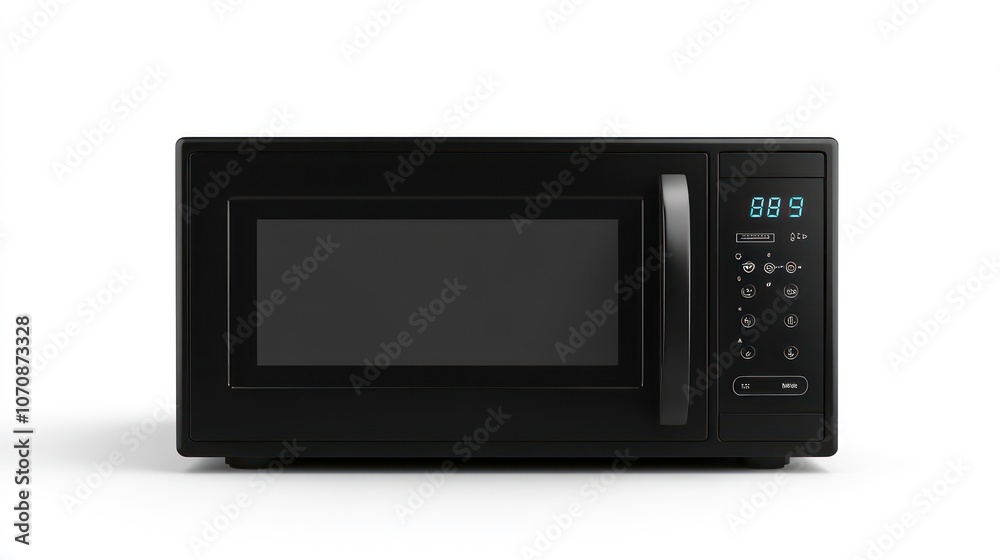 A black microwave oven with a digital display and control panel for cooking food. A black microwave oven with a digital display and control panel for cooking food.