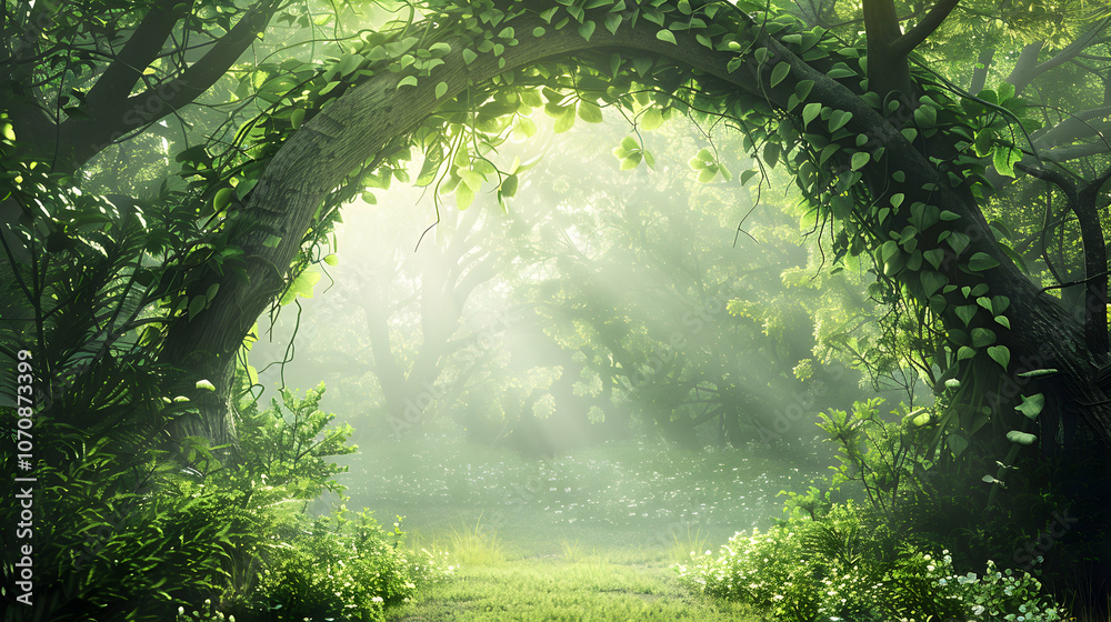 Fototapeta premium Lush Green Leaves Forming a Natural Archway in Sunlit Forest 