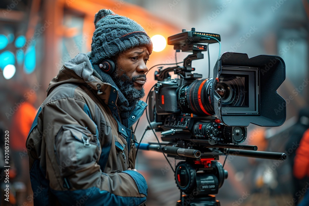 A dedicated crew member focuses on operating a high-end camera on a film set, surrounded by equipment and fellow workers. The atmosphere is lively, illuminated by artificial lights
