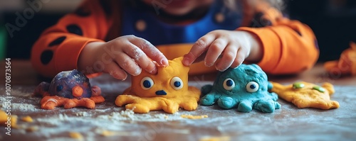 Child's hands crafting playful monsters from dough for Halloween. Sensory play activity tailored for toddlers