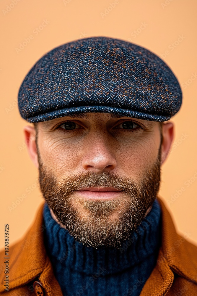 Close-up Portrait of a Bearded Man Wearing a Blue Tweed Flat Cap Close-up Portrait of a Bearded Man Wearing a Blue Tweed Flat Cap