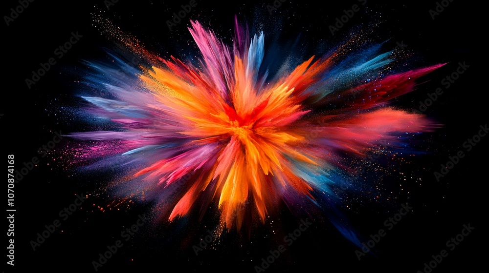 Vibrant colorful explosion of powder on a black background. Vibrant colorful explosion of powder on a black background.