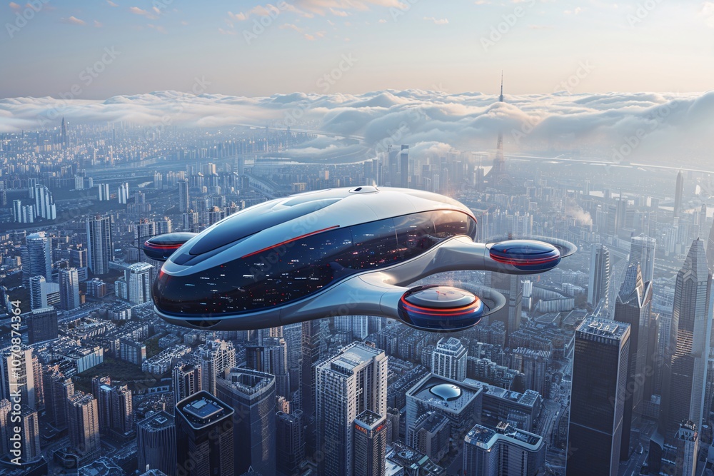 A sleek hover vehicle glides gracefully over a modern cityscape as morning light breaks through the clouds, highlighting skyscrapers and urban life below A sleek hover vehicle glides gracefully over a modern cityscape as morning light breaks through the clouds, highlighting skyscrapers and urban life below