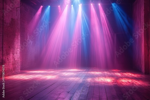 Stage illuminated by pink and blue spotlights with wooden floor