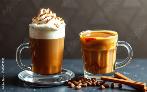 Two glasses of coffee, one topped with whipped cream and caramel, sit on a counter with scattered coffee beans and cinnamon sticks photo