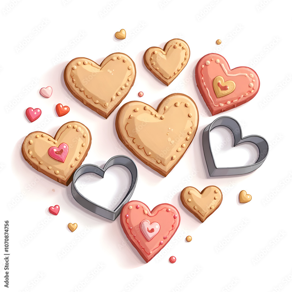 A delightful assortment of heart shaped cookies brings joy to any celebration and represents love in every bite, digital illustration of food art concept. A delightful assortment of heart shaped cookies brings joy to any celebration and represents love in every bite, digital illustration of food art concept.