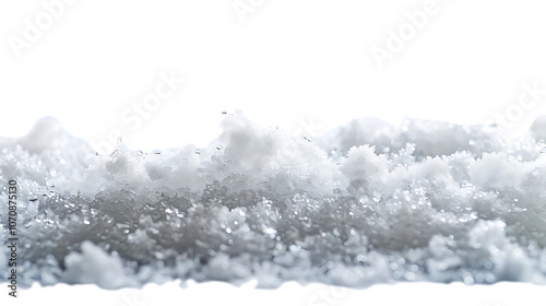 A close-up view of snow isolated on a white background, showcasing the intricate textures and delicate crystals, capturing the pure, natural beauty of freshly fallen snow in stunning detail