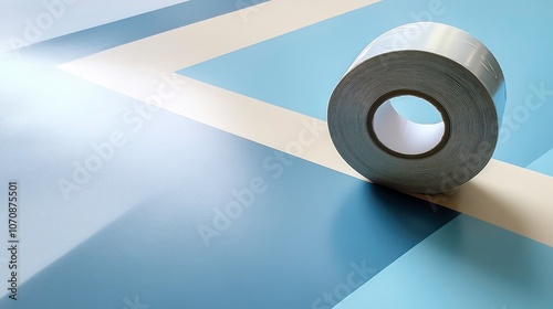 A roll of tape on a blue and white patterned surface, suggesting design or renovation work.