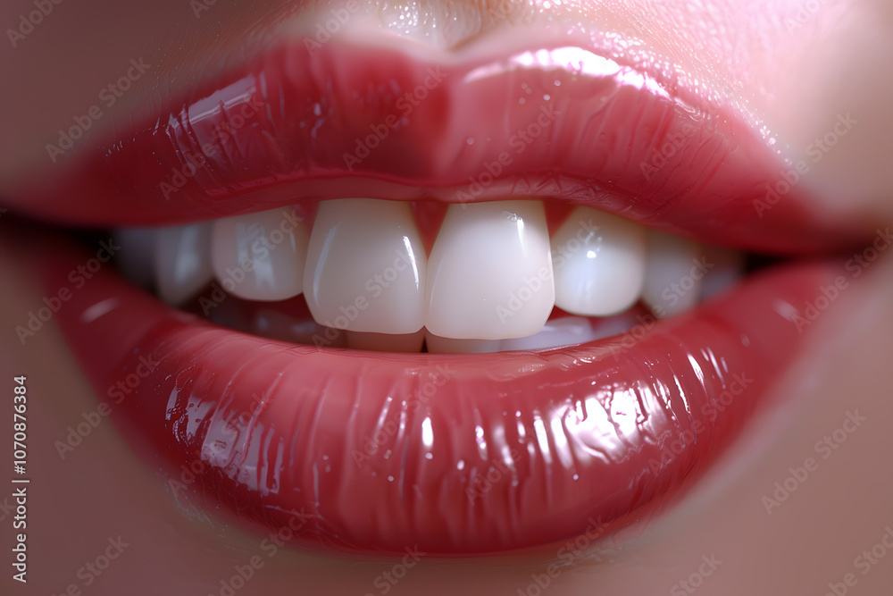 Obraz premium Close-up of full lips with a glossy finish and bright white teeth, showcasing a vibrant, healthy smile.