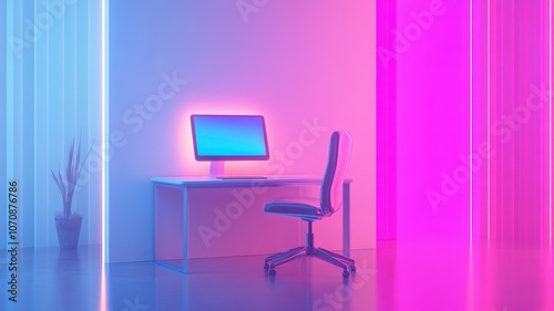 A modern workspace featuring a computer, chair, and colorful ambient lighting in shades of blue and pink.