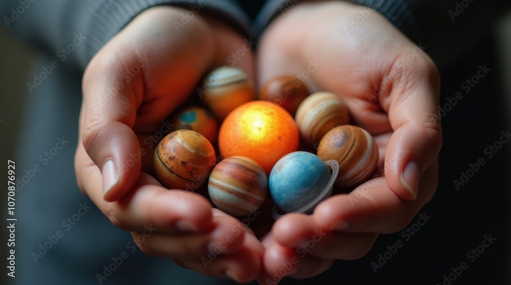 A close-up of human hands cupped together holding a miniature solar system with planets and a tiny sun. A close-up of human hands cupped together holding a miniature solar system with planets and a tiny sun.