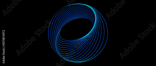 Abstract circle line pattern spin blue green light isolated on black background in the concept of music, science, Ai technology, digital futuristic banner