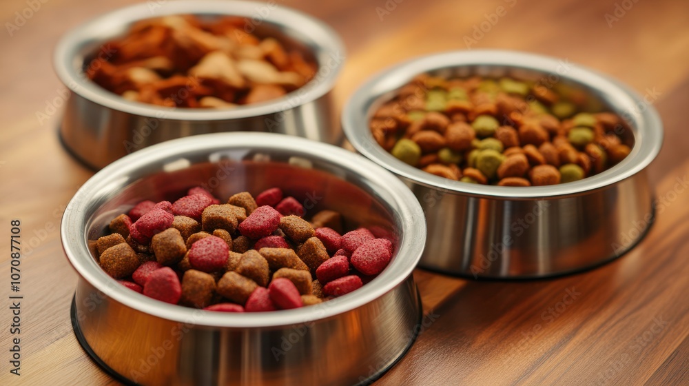 Dog Food Bowls on Wooden Table Dog Food Bowls on Wooden Table