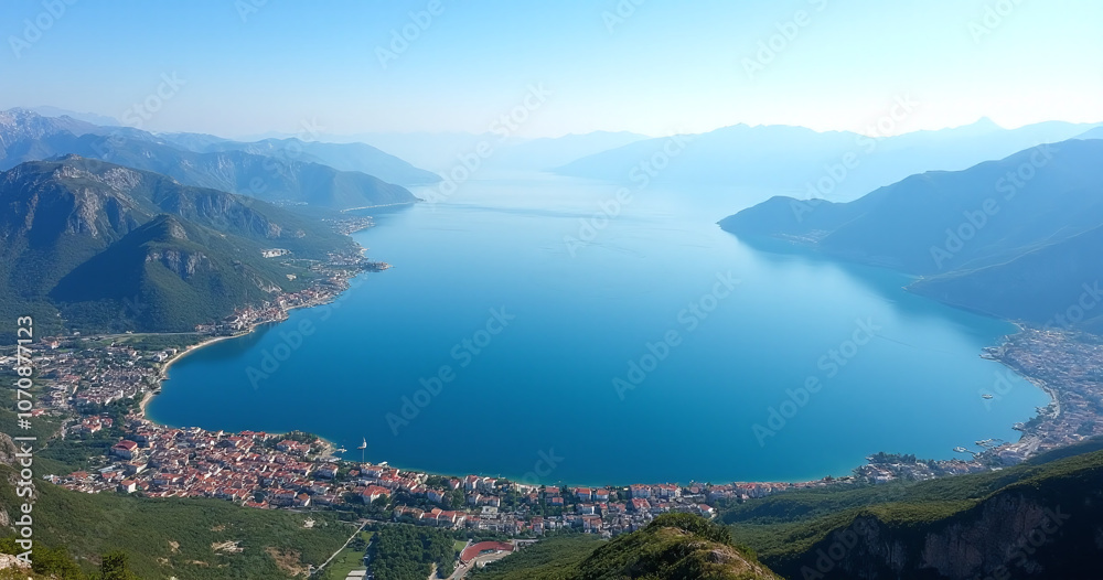 Aerial view of the Bay of Kotor Montenegro surrounded by mountains coastal towns and a bright blue sky with plenty of copy space Aerial view of the Bay of Kotor Montenegro surrounded by mountains coastal towns and a bright blue sky with plenty of copy space